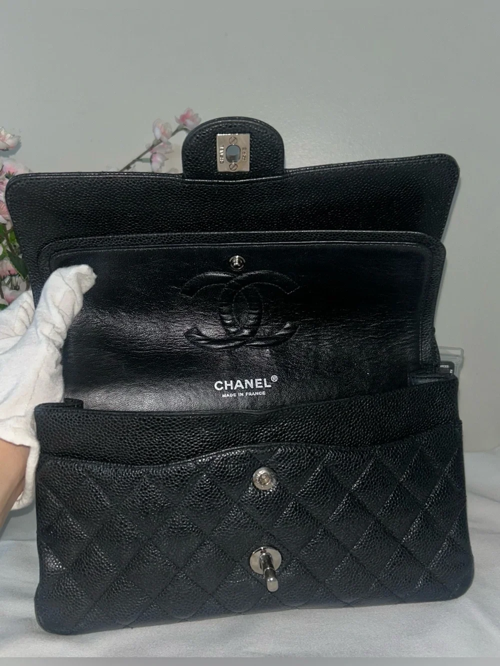 CHANEL Medium Classic Double Flap Caviar Leather Quilted Handbag Black